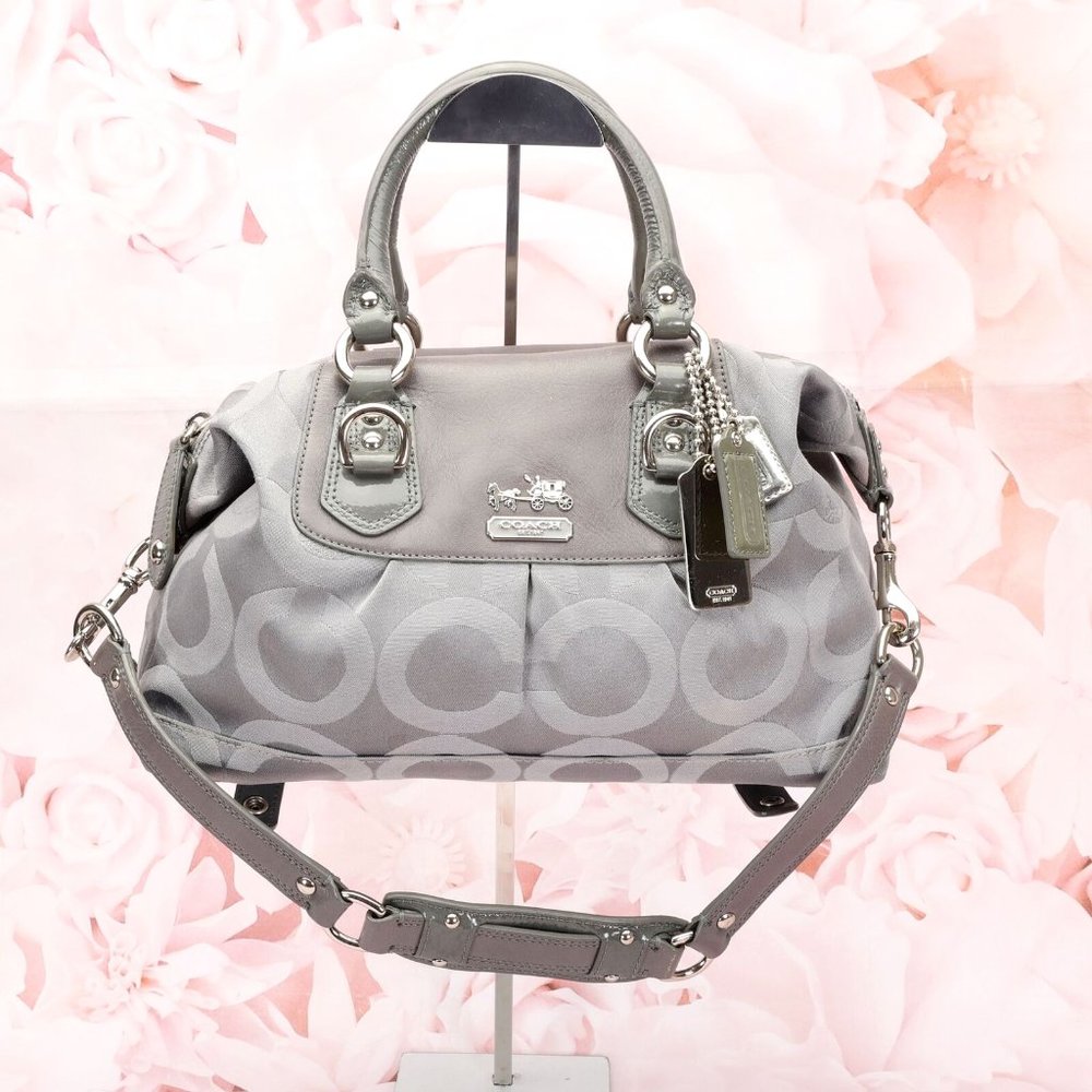 Coach Women Madison Op Art Satchel Tote Handbag Purse Small Gray Sateen Leather